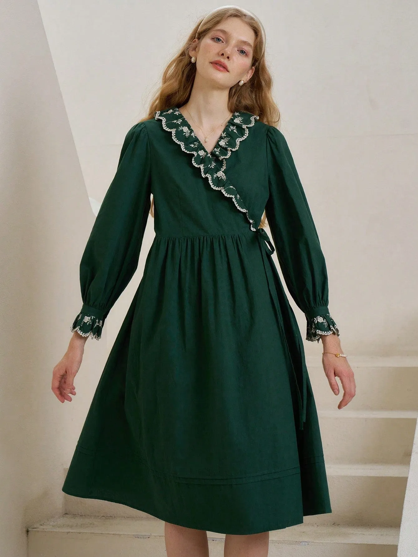 Emeraldine Green Floral Embroidery Ruffle Trim Knot Side Wrap Dress