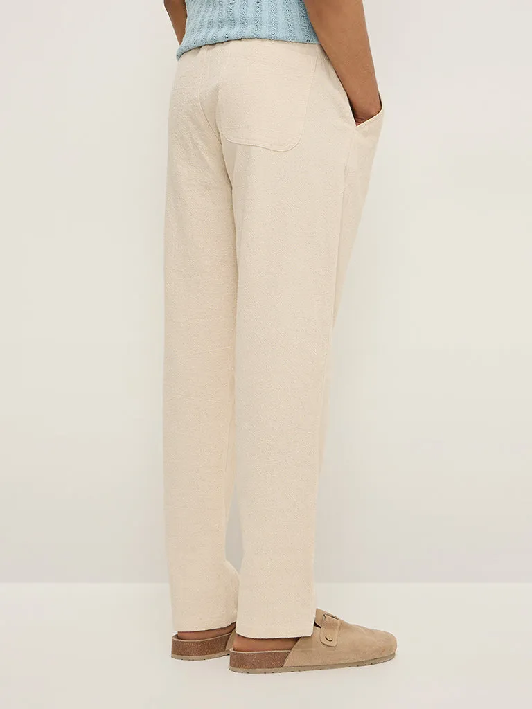 ETA Beige Self-Textured Relaxed-Fit Mid-Rise Cotton Chinos