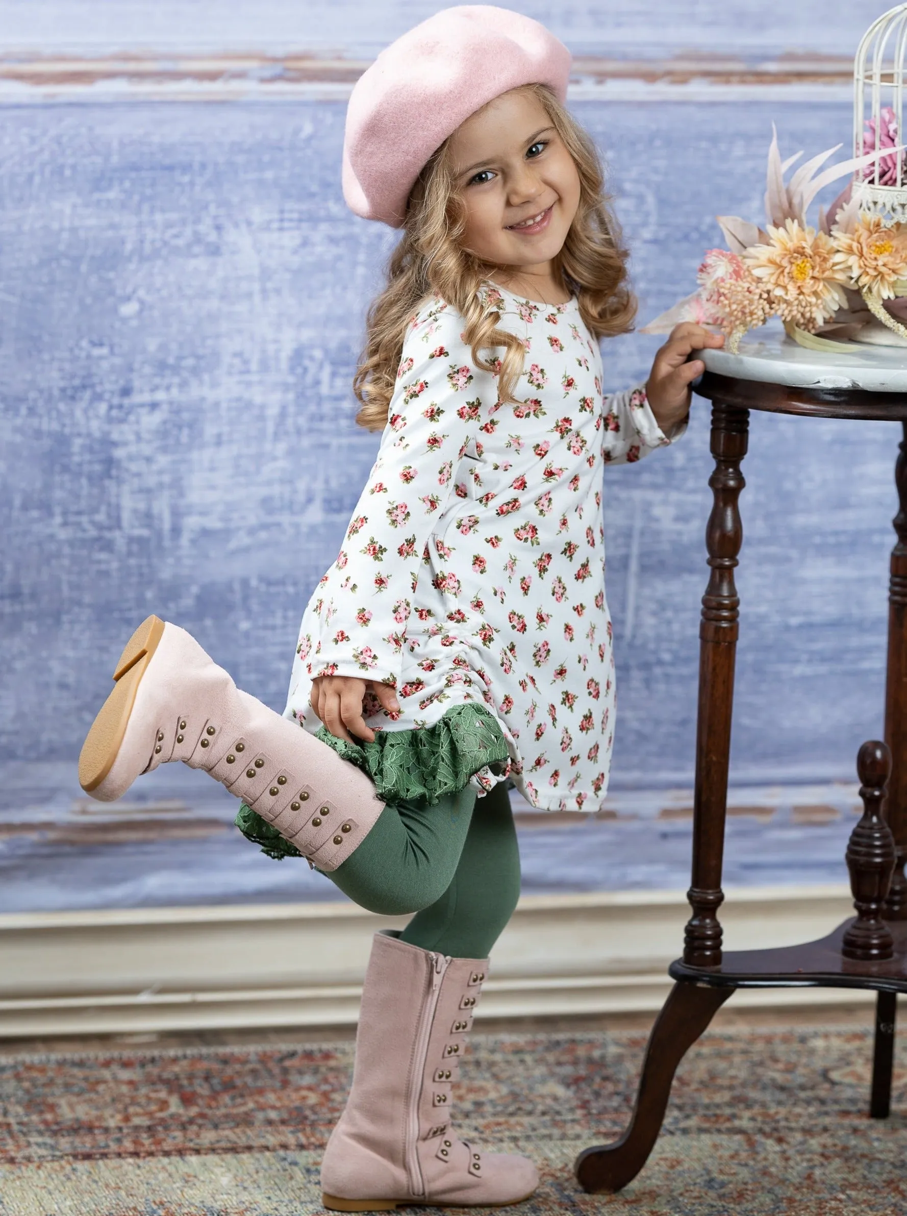 Fall Flowers Ruffled Tunic And Legging Set