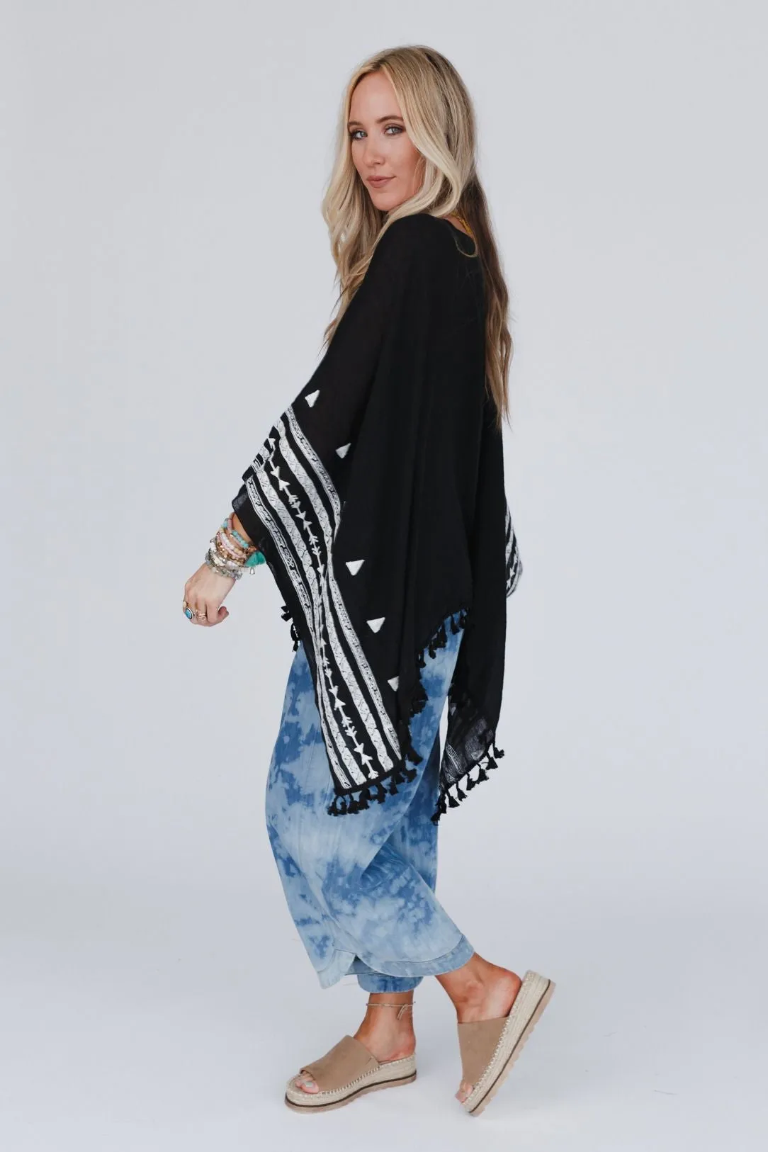 Fallon Embroidered Sleeve Tassel Poncho - Black