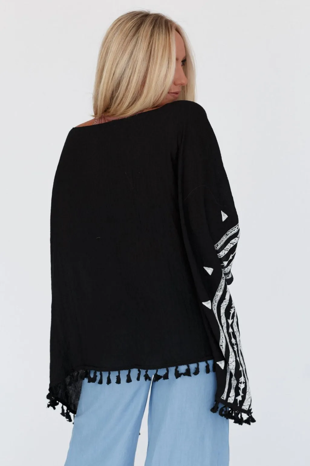 Fallon Embroidered Sleeve Tassel Poncho - Black