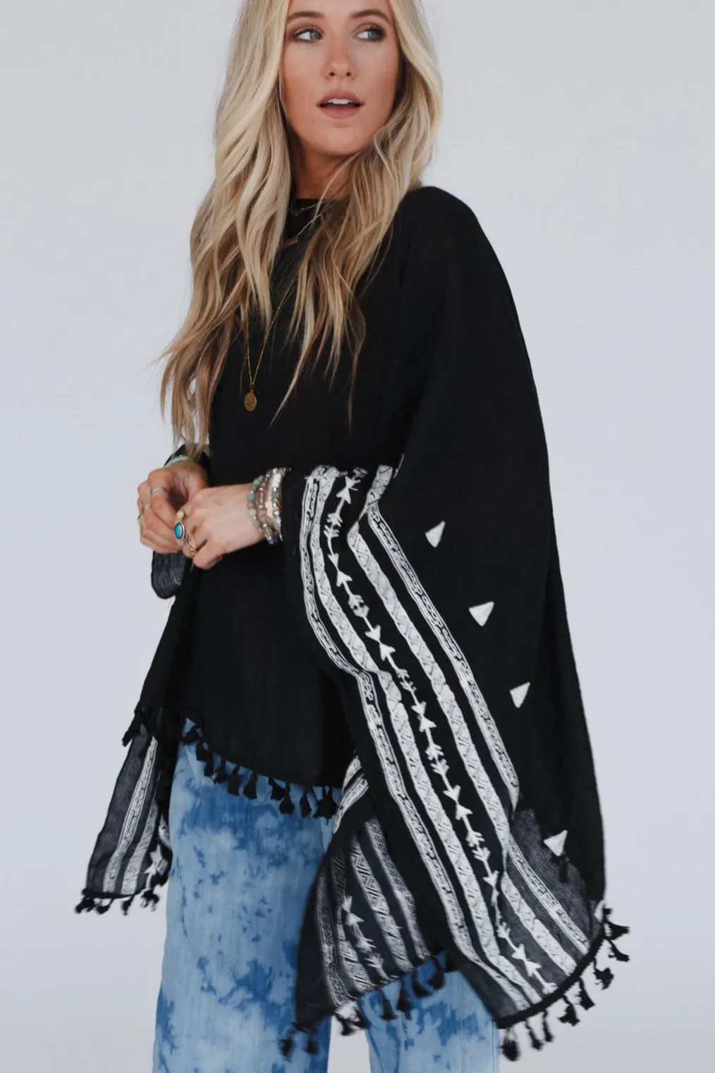 Fallon Embroidered Sleeve Tassel Poncho - Black