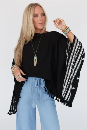 Fallon Embroidered Sleeve Tassel Poncho - Black