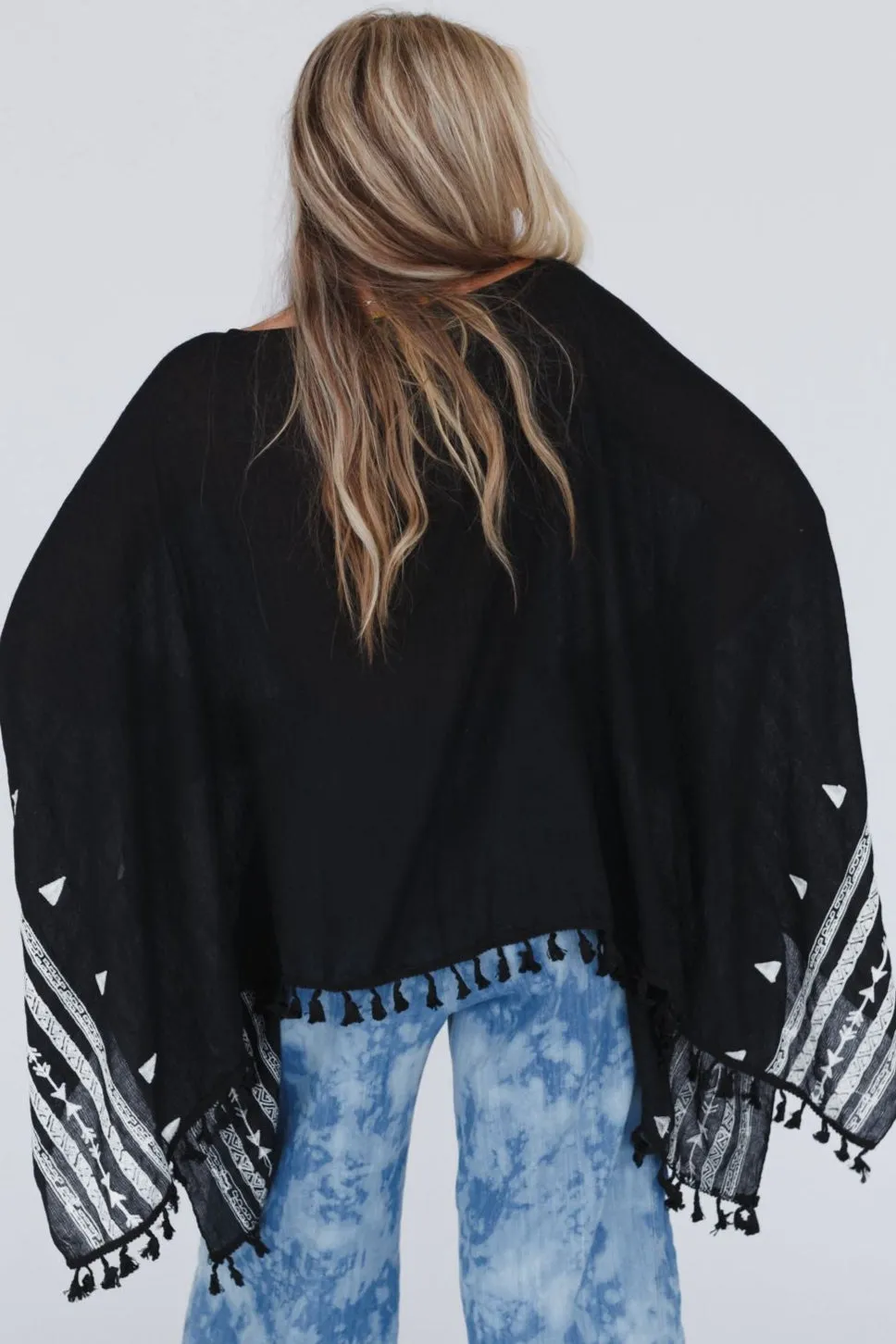 Fallon Embroidered Sleeve Tassel Poncho - Black