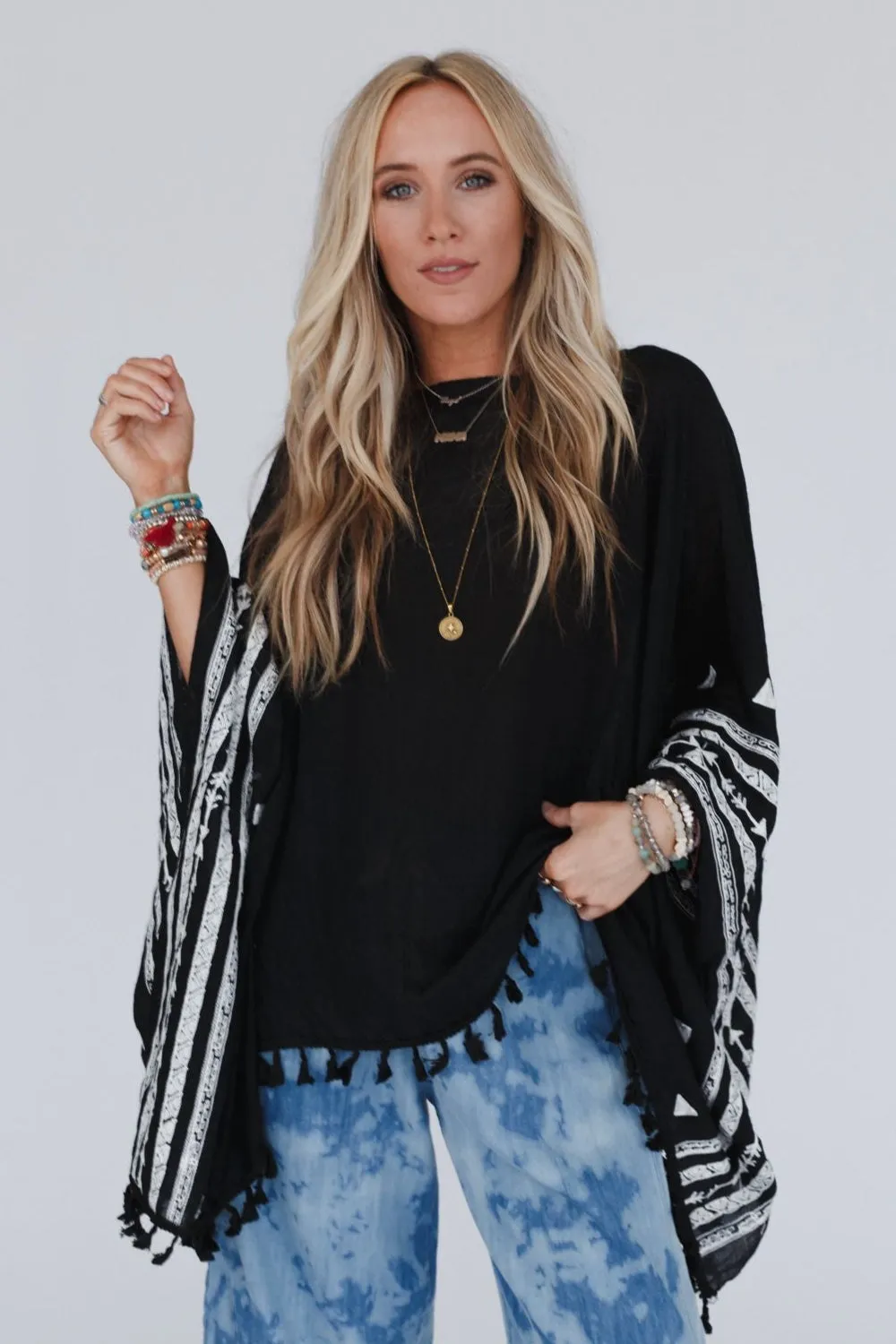 Fallon Embroidered Sleeve Tassel Poncho - Black