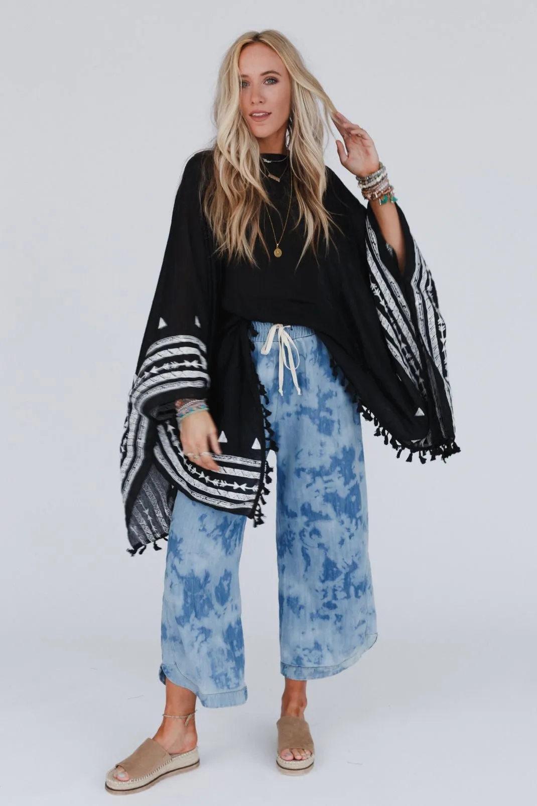 Fallon Embroidered Sleeve Tassel Poncho - Black