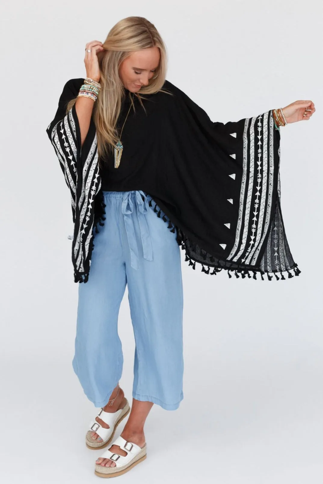 Fallon Embroidered Sleeve Tassel Poncho - Black