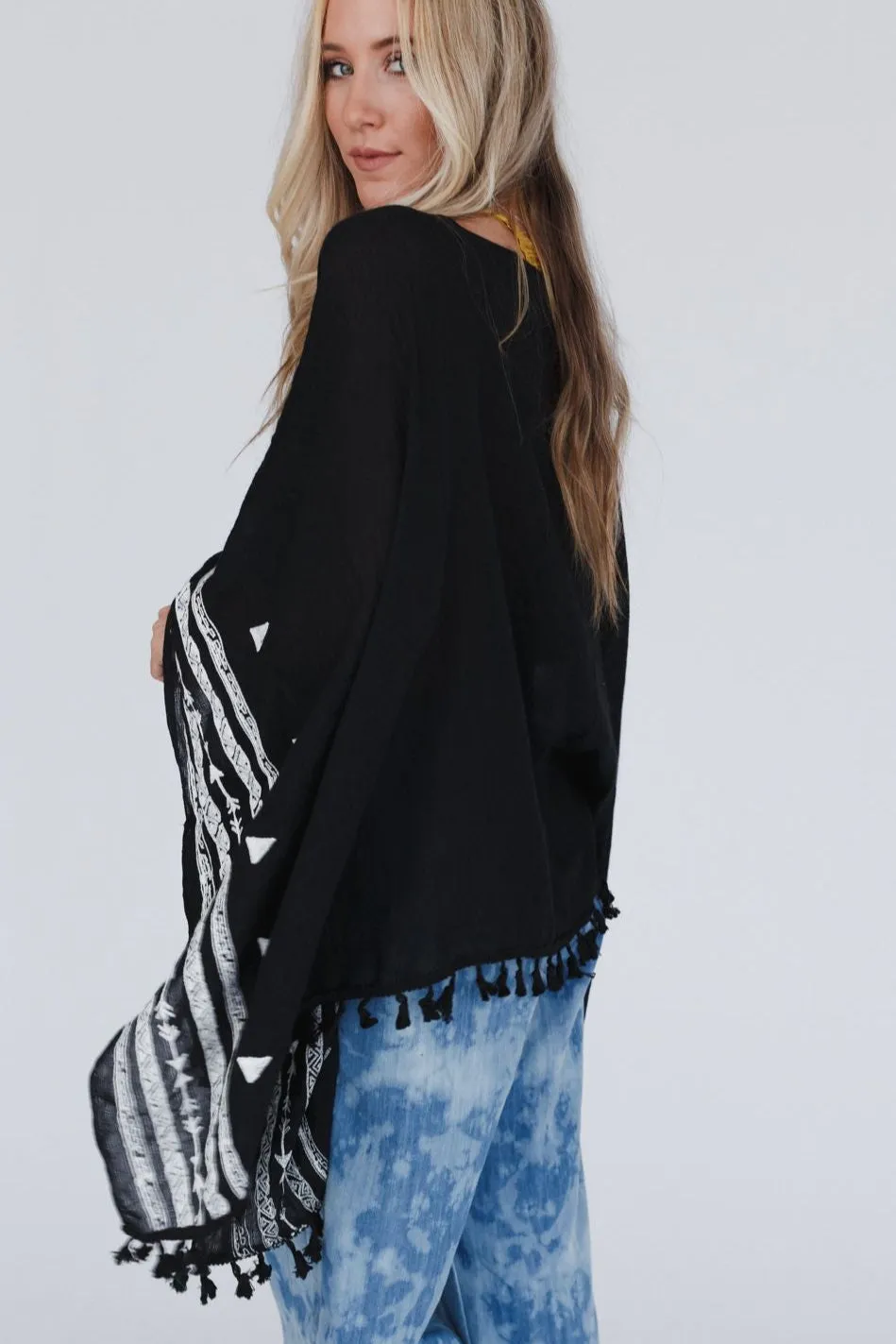 Fallon Embroidered Sleeve Tassel Poncho - Black