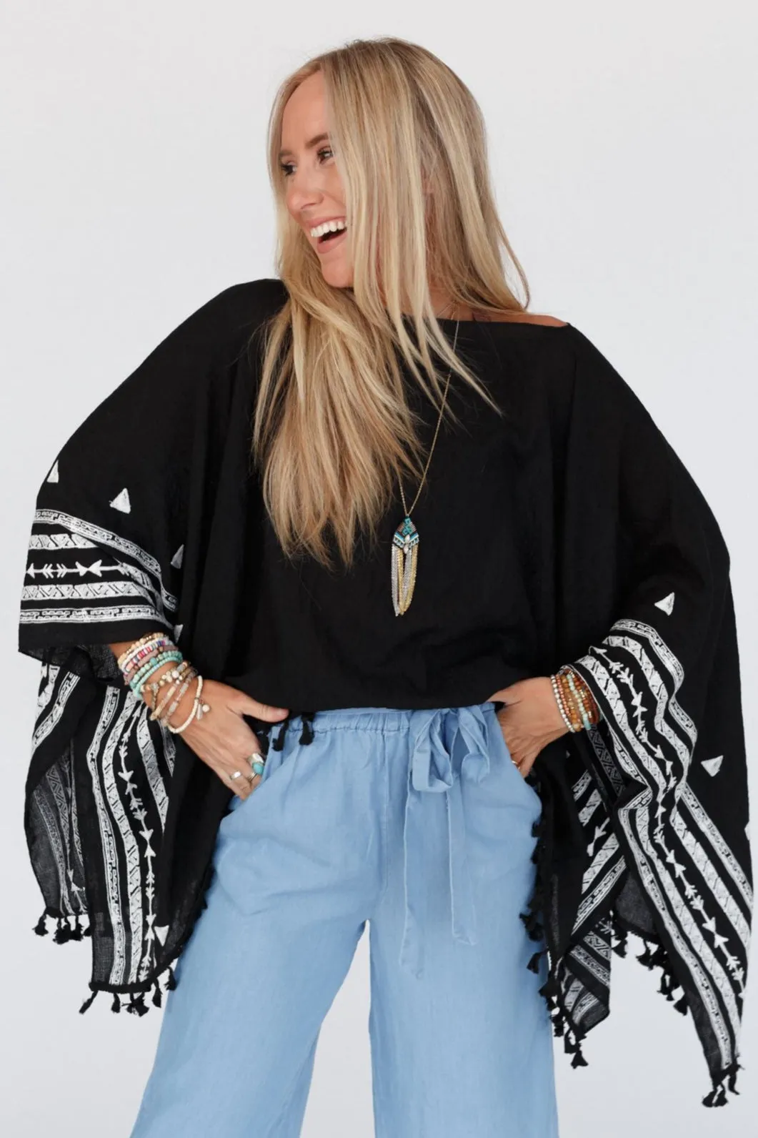 Fallon Embroidered Sleeve Tassel Poncho - Black