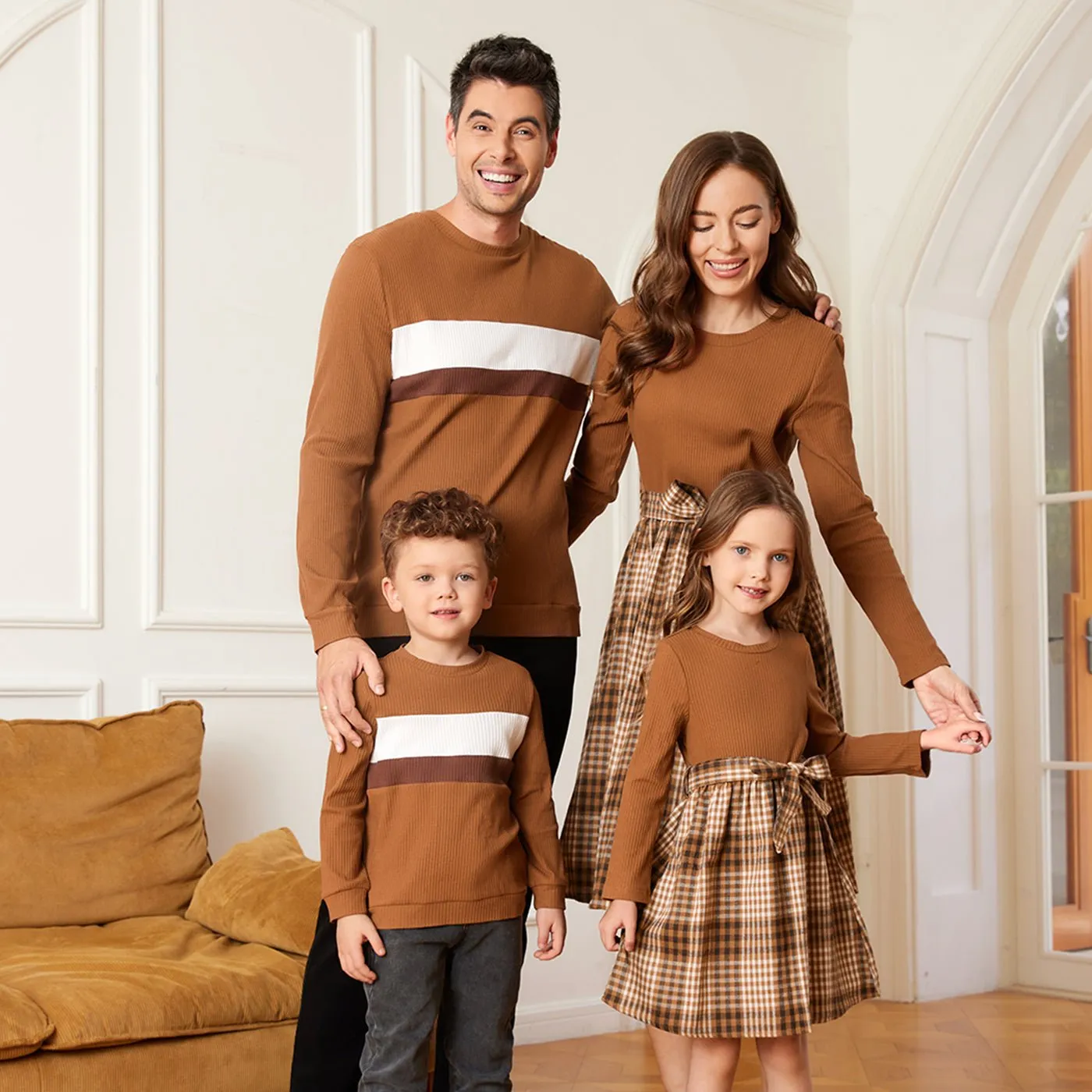 Family Matching Coffee Ribbed Spliced Plaid Belted Dresses and Long-sleeve Colorblock Tops Set