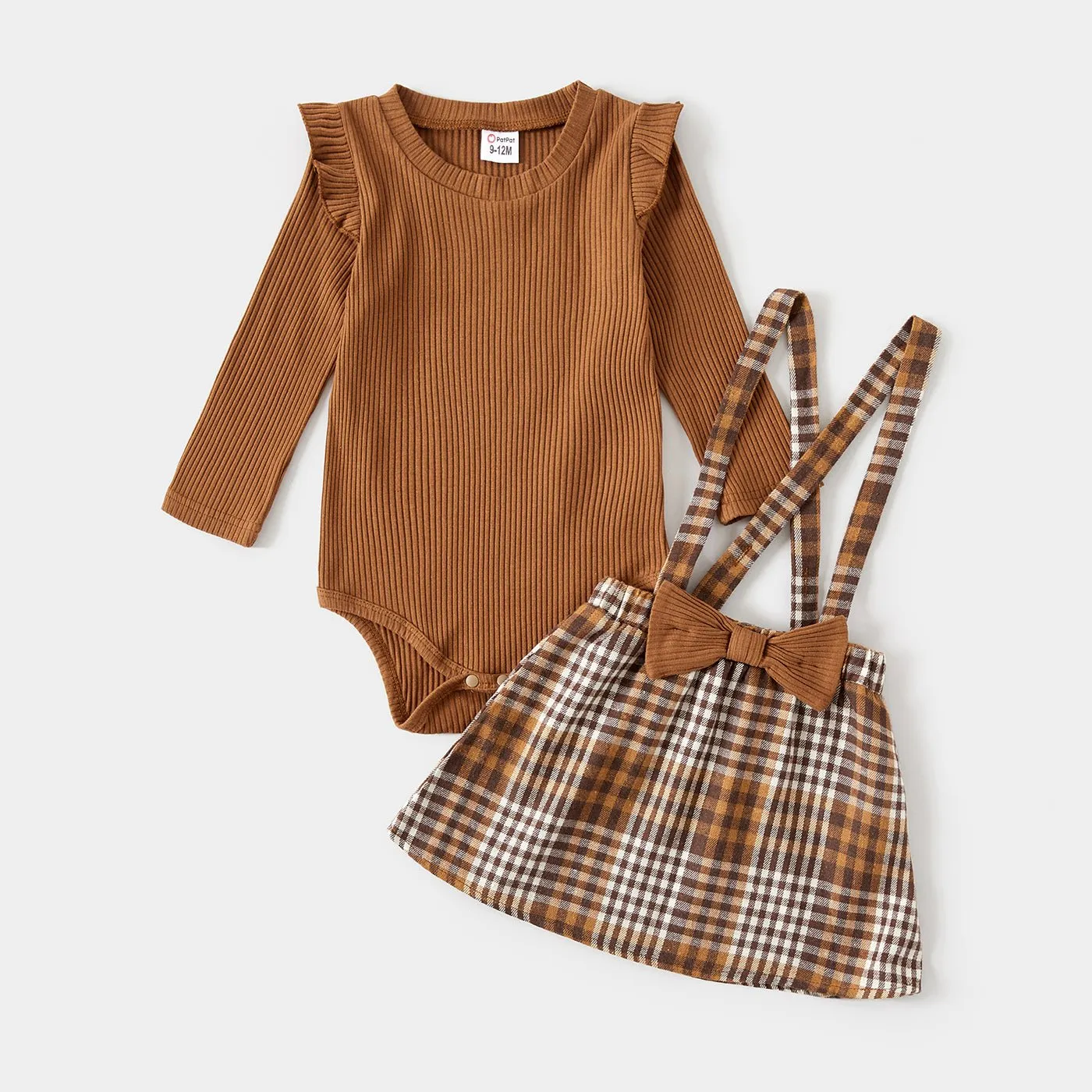 Family Matching Coffee Ribbed Spliced Plaid Belted Dresses and Long-sleeve Colorblock Tops Set