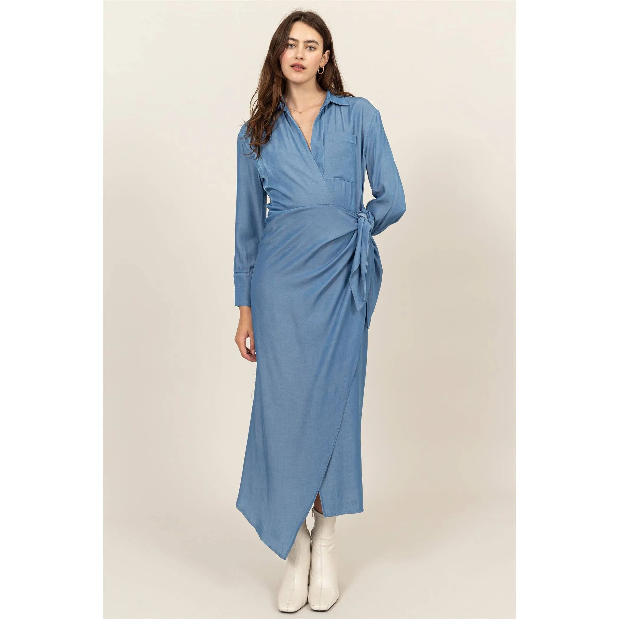 FAUX WRAP SIDE TIE MIDI DRESS - LIGHT DENIM