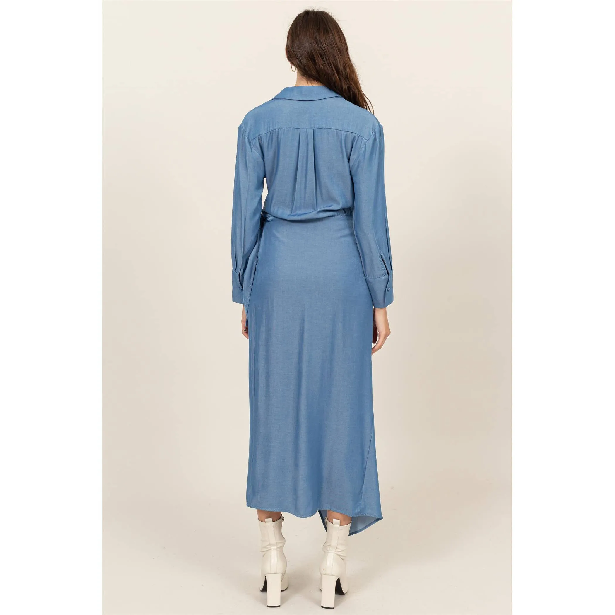 FAUX WRAP SIDE TIE MIDI DRESS - LIGHT DENIM