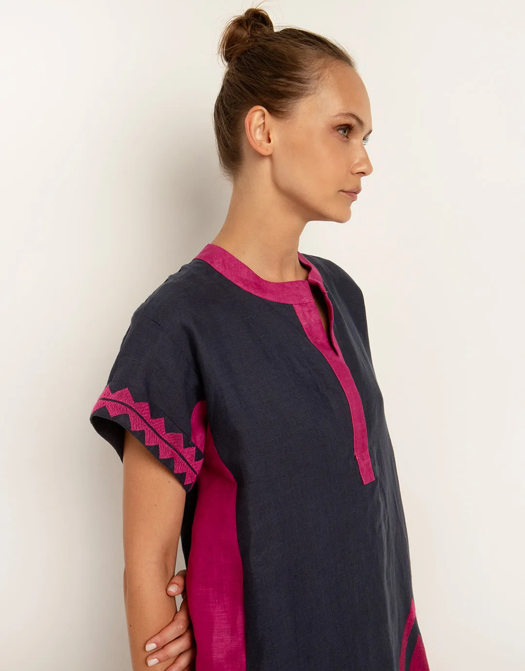 Feathers Kaftan Tunic - Navy and Magenta