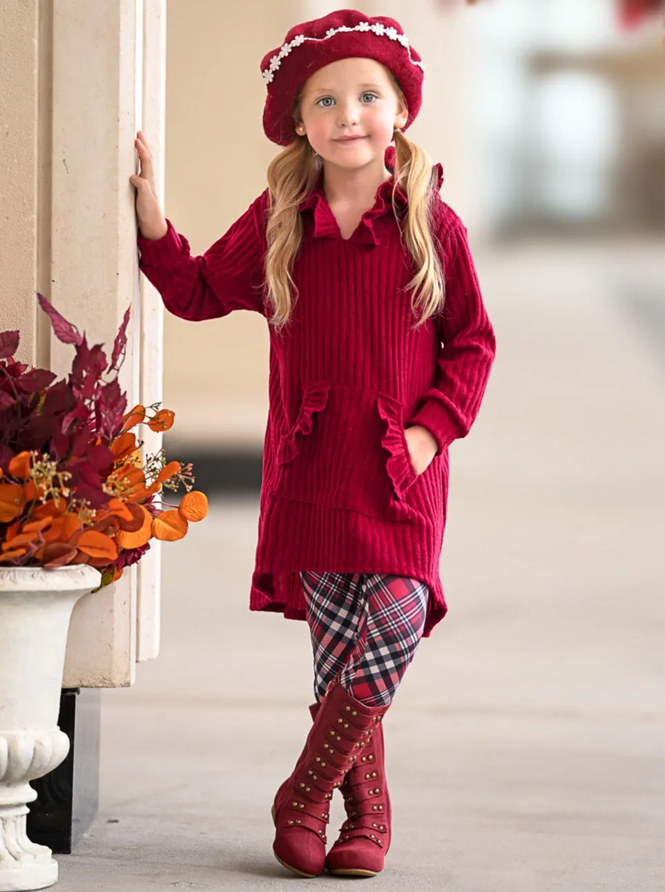 Festive Plaid Girls Hooded Tunic and Legging Set