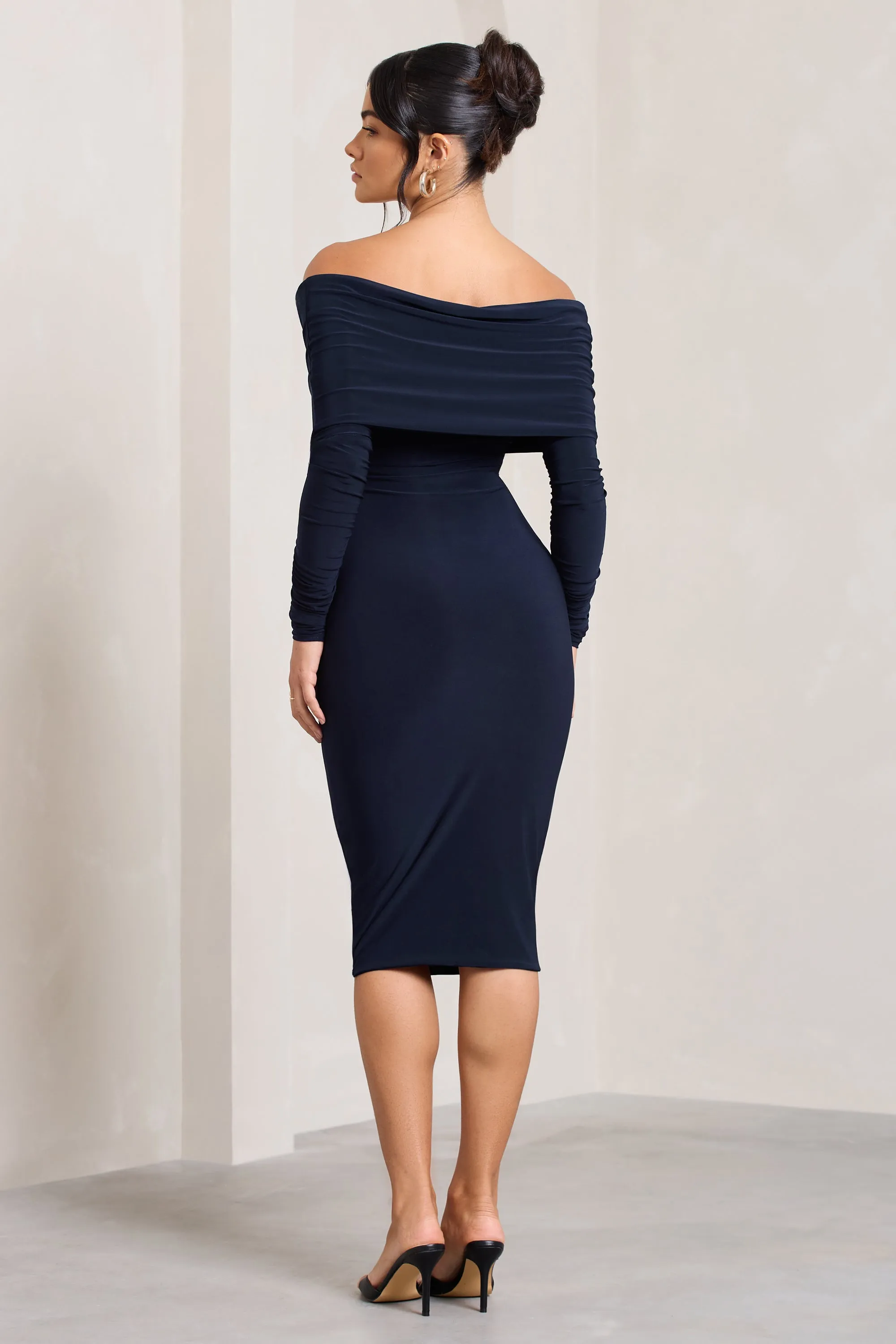 Flatter Me | Navy Twist Front Bardot Midi Dress