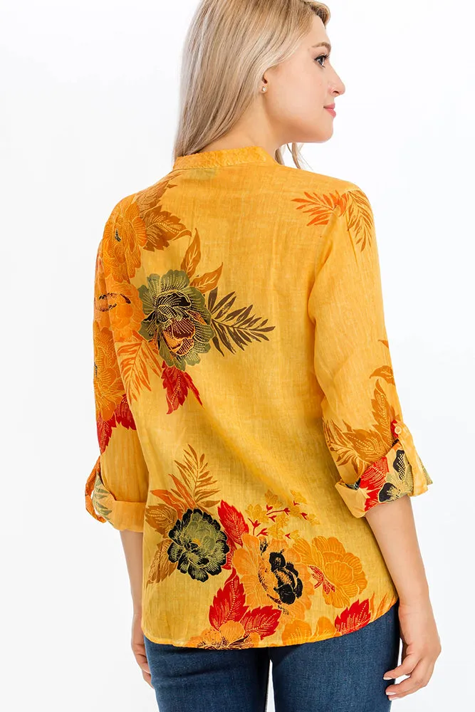 Floral Printed Tunic with Embroidery and Vintage Wash Ochre