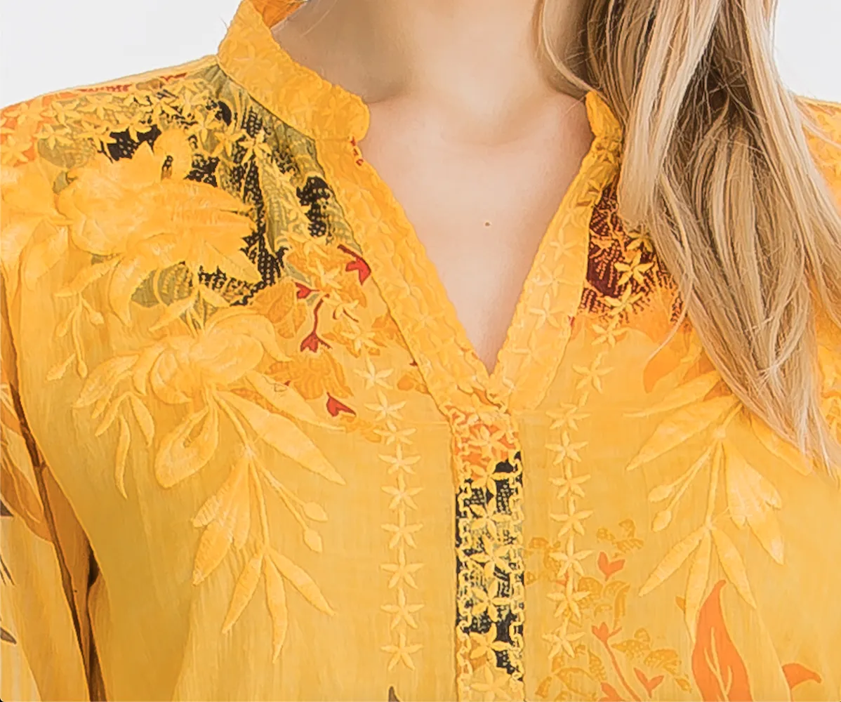 Floral Printed Tunic with Embroidery and Vintage Wash Ochre