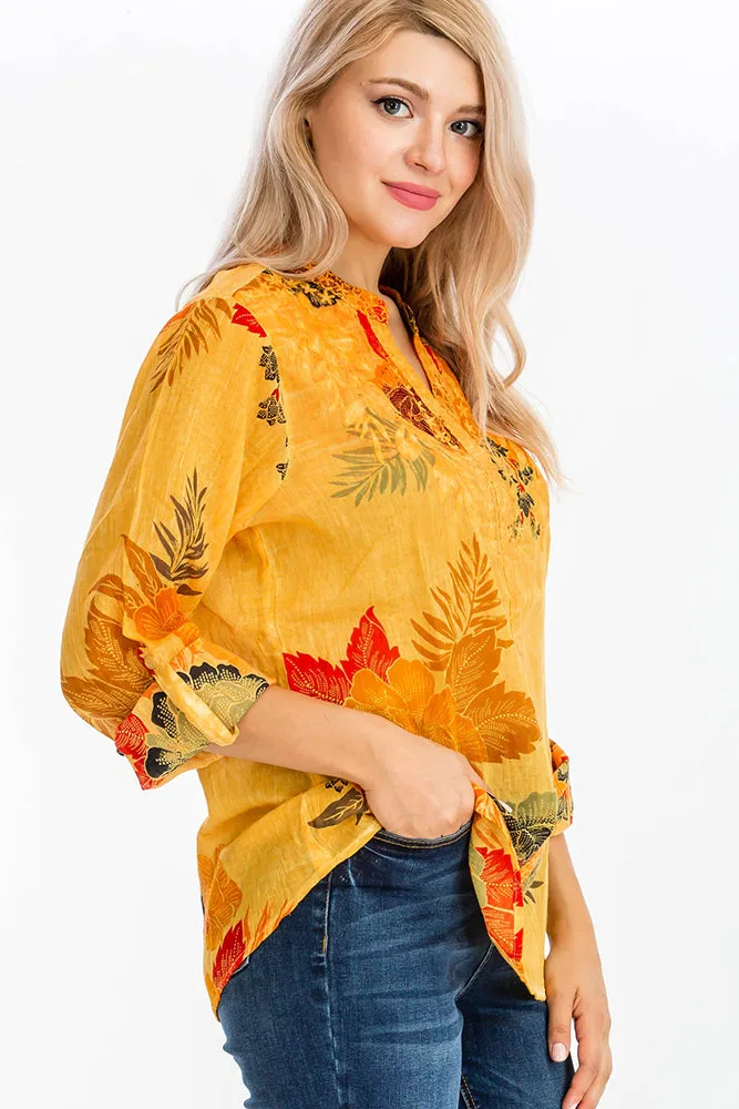 Floral Printed Tunic with Embroidery and Vintage Wash Ochre