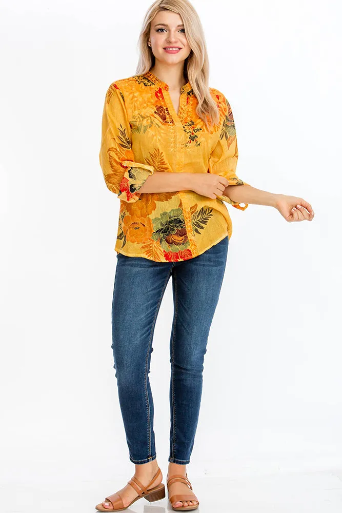 Floral Printed Tunic with Embroidery and Vintage Wash Ochre