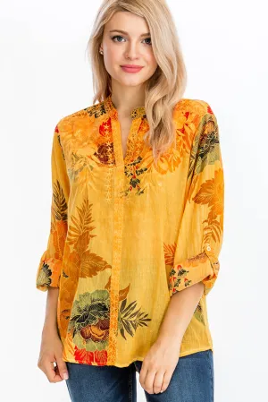 Floral Printed Tunic with Embroidery and Vintage Wash Ochre