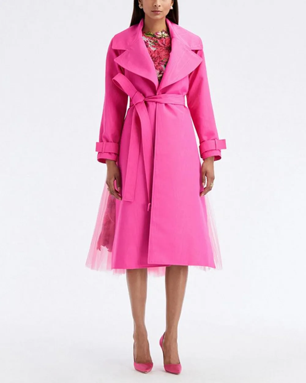 Fuchsia Moire Faille Tulle Trench Coat