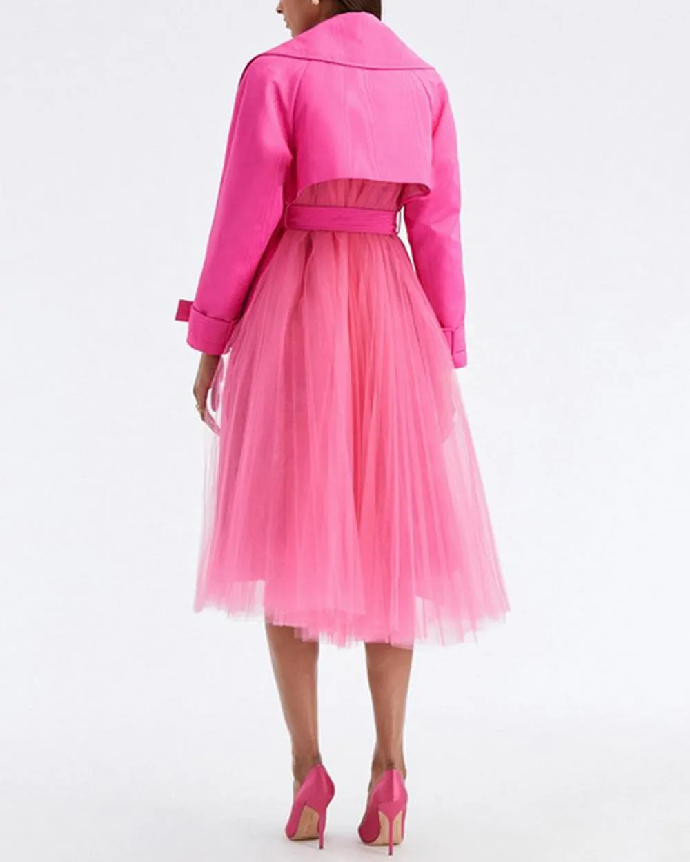 Fuchsia Moire Faille Tulle Trench Coat