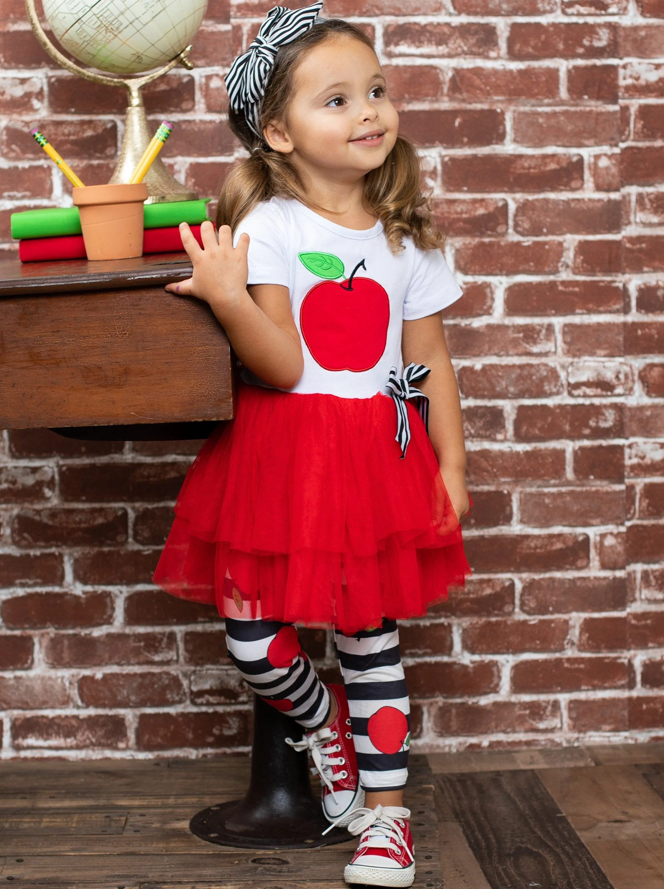 Girls Apple Applique Tutu Tunic with Bow and Striped Apple Print Leggings Set