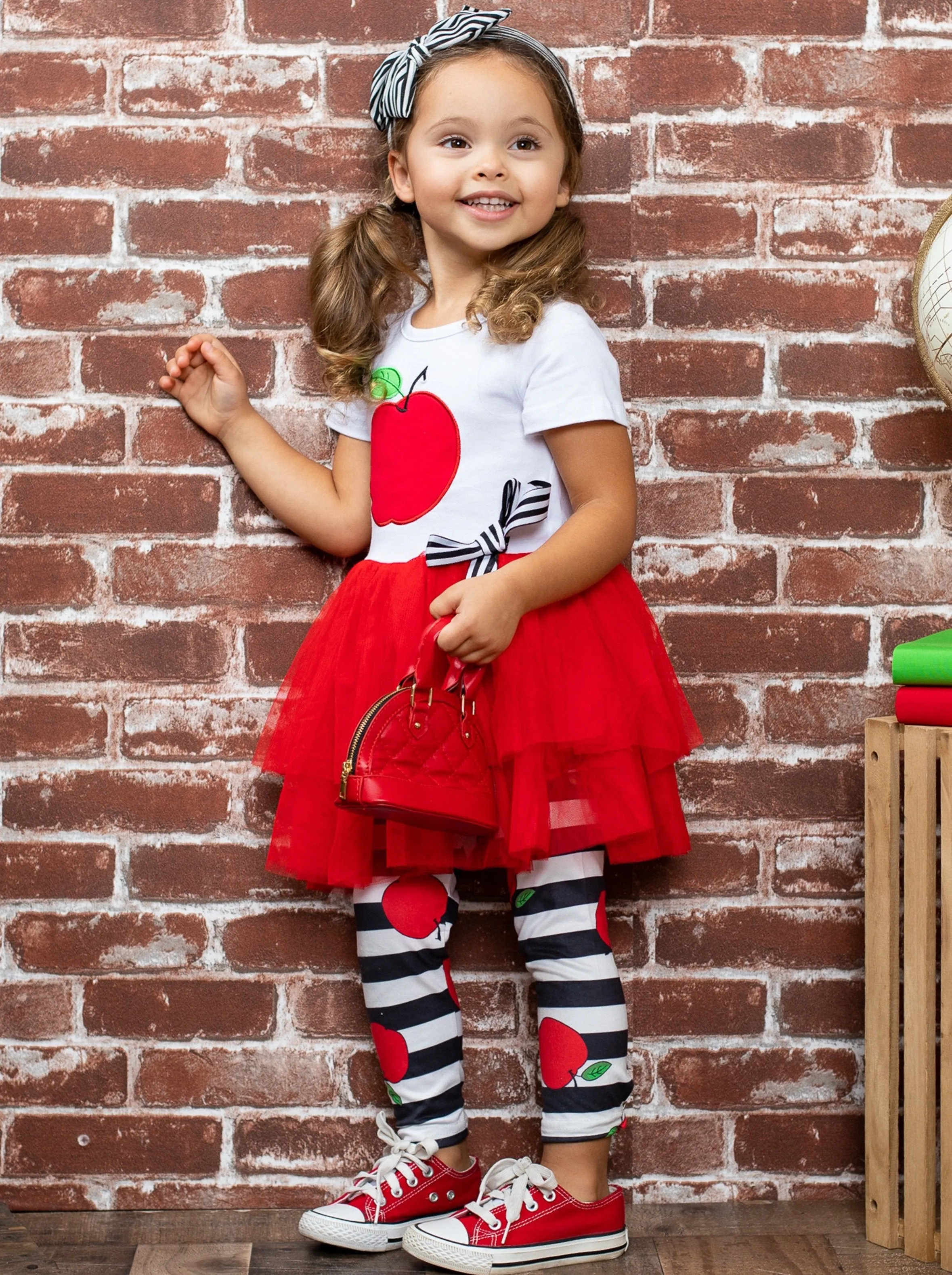 Girls Apple Applique Tutu Tunic with Bow and Striped Apple Print Leggings Set