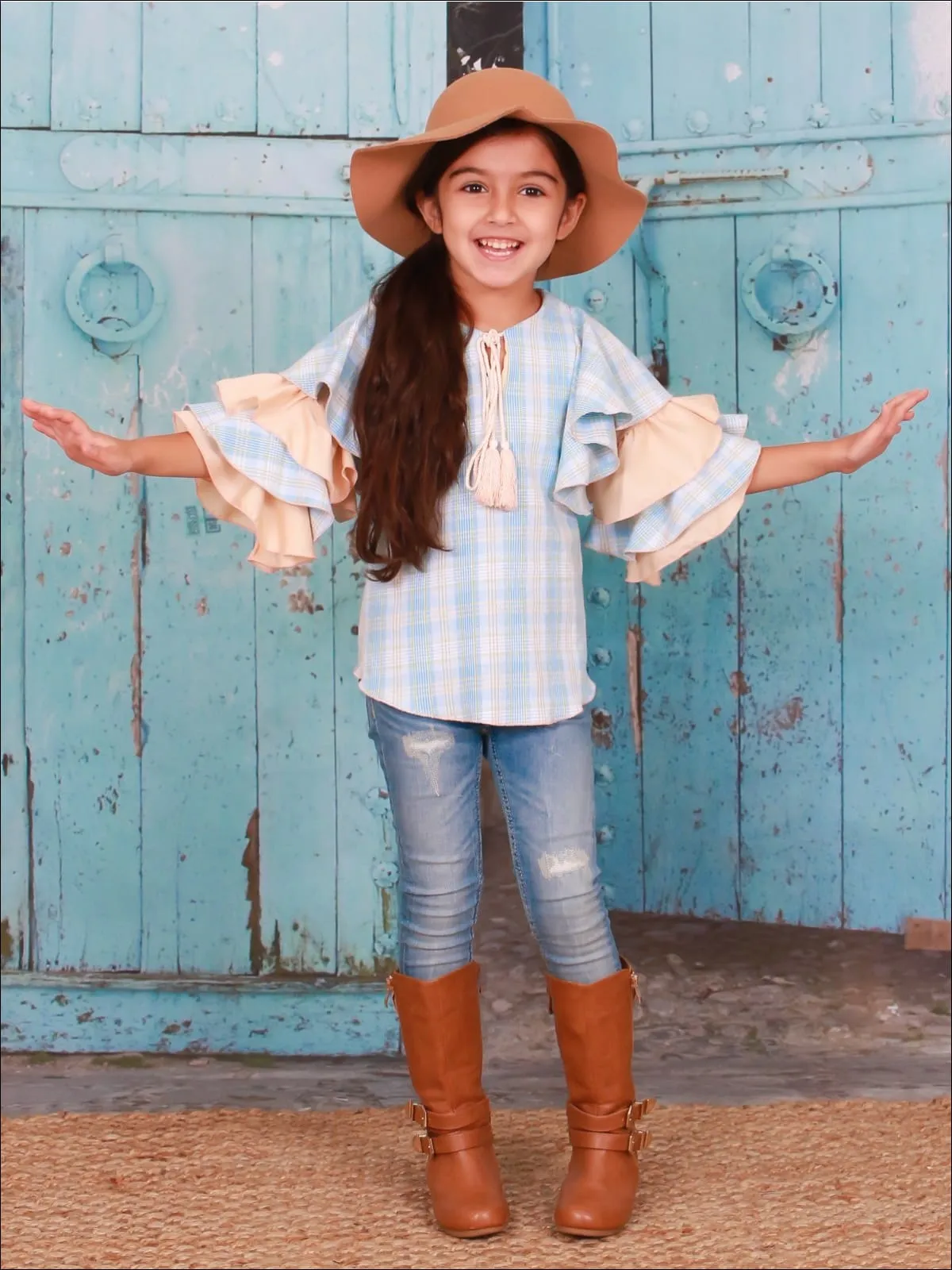 Girls Blue And Peach Plaid Ruffled Flared Sleeve Tassel Neck Drawstring Tunic