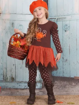 Girls Brown And Orange Puff Long Sleeve Turkey Tutu Tunic And Polka Dot Legging Set