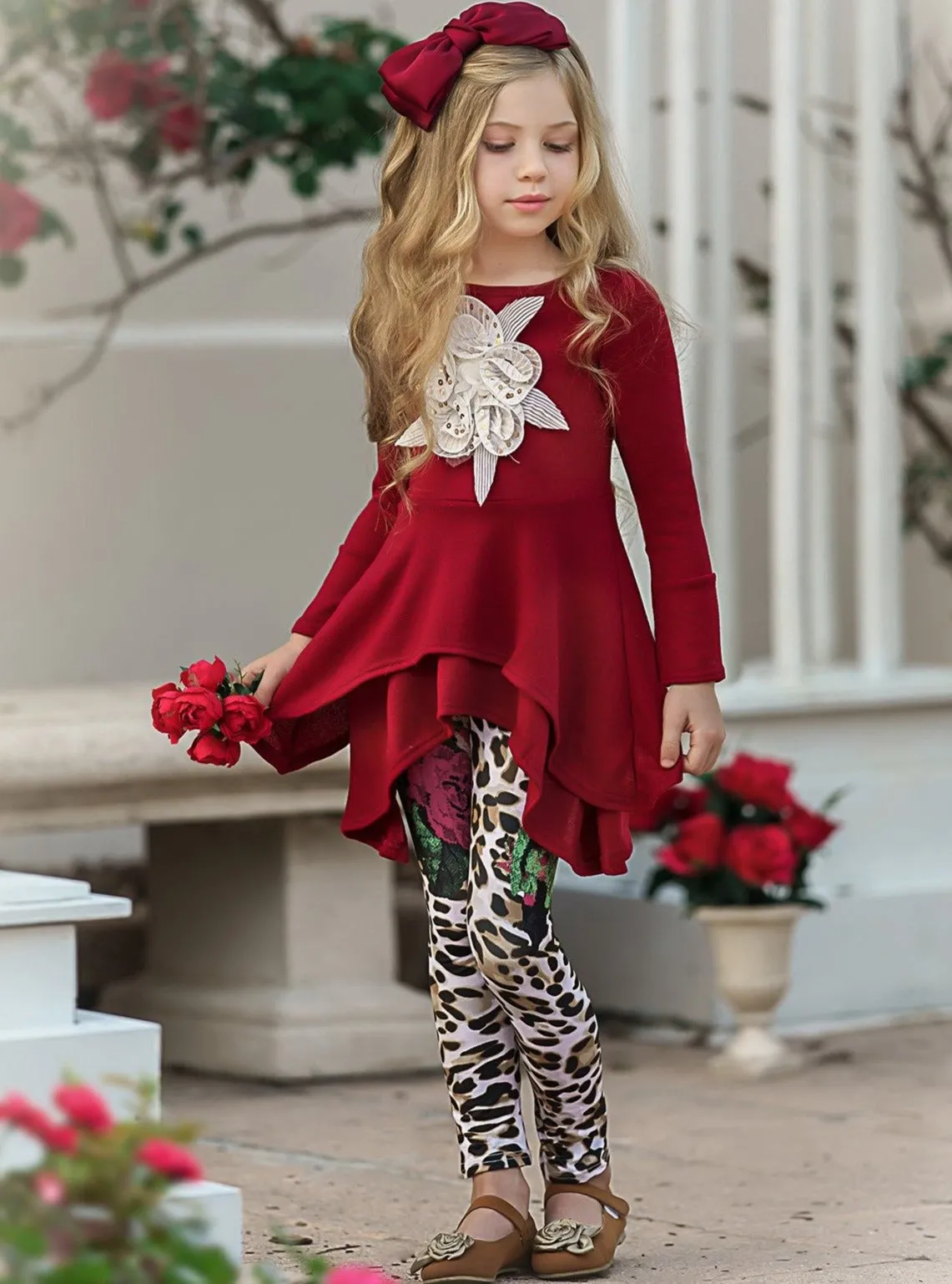 Girls Double Tiered Side Tail Applique Tunic And Printed Legging Set