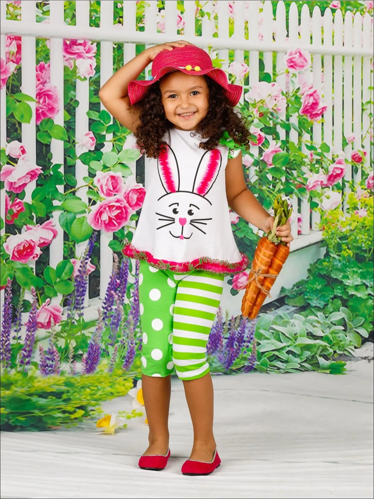 Girls Easter Flutter Sleeve Ruffled Mesh Bunny Tunic And Legging Set