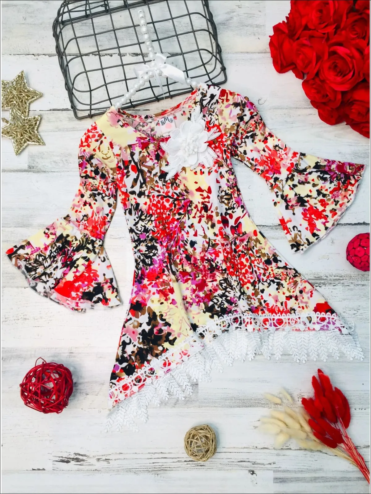 Girls Floral Bell Sleeve Leaf Crochet Fringe Tunic with Flower Applique