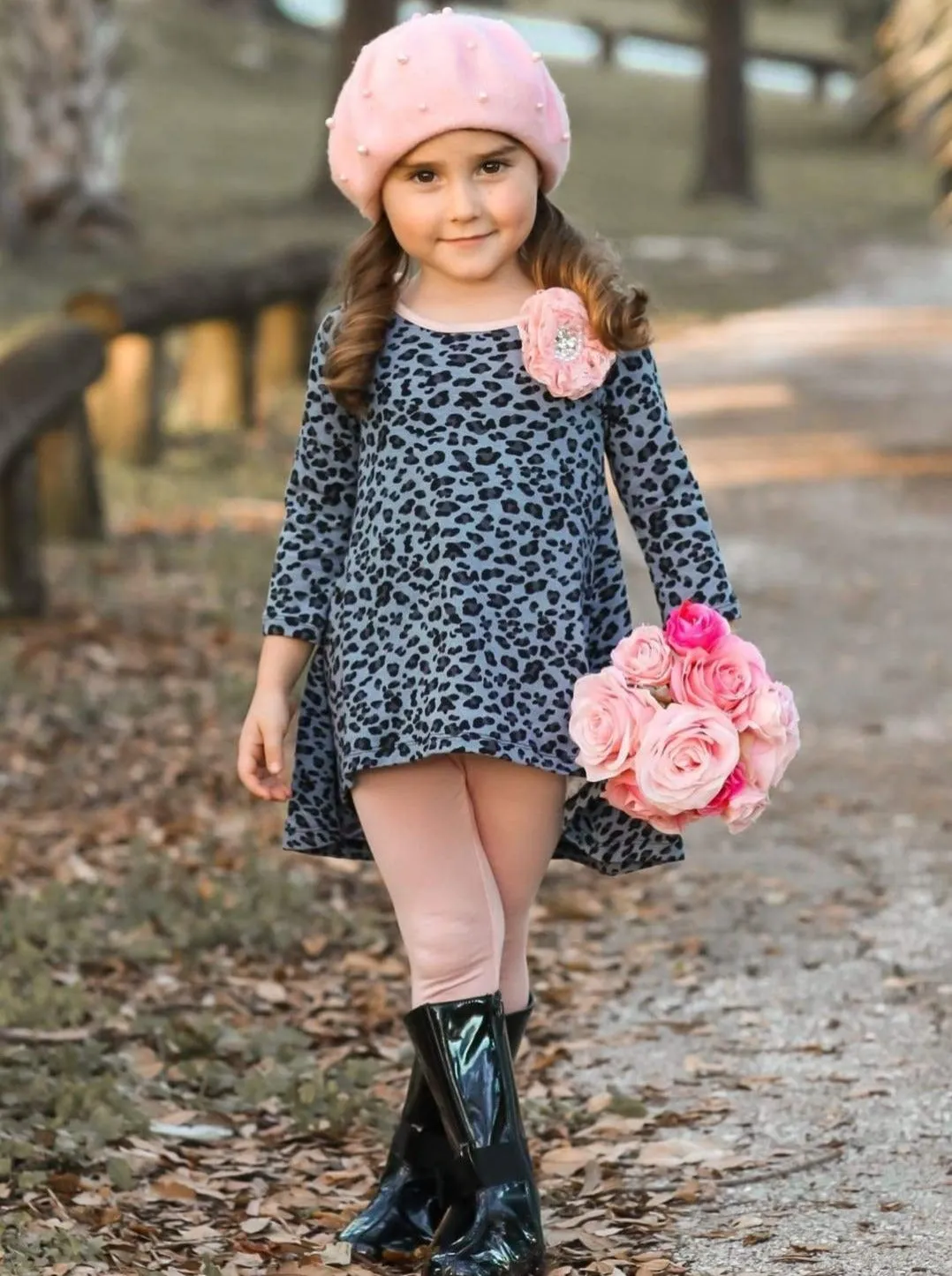 Girls Gray And Peach Hi-Lo Tunic with Legging Set