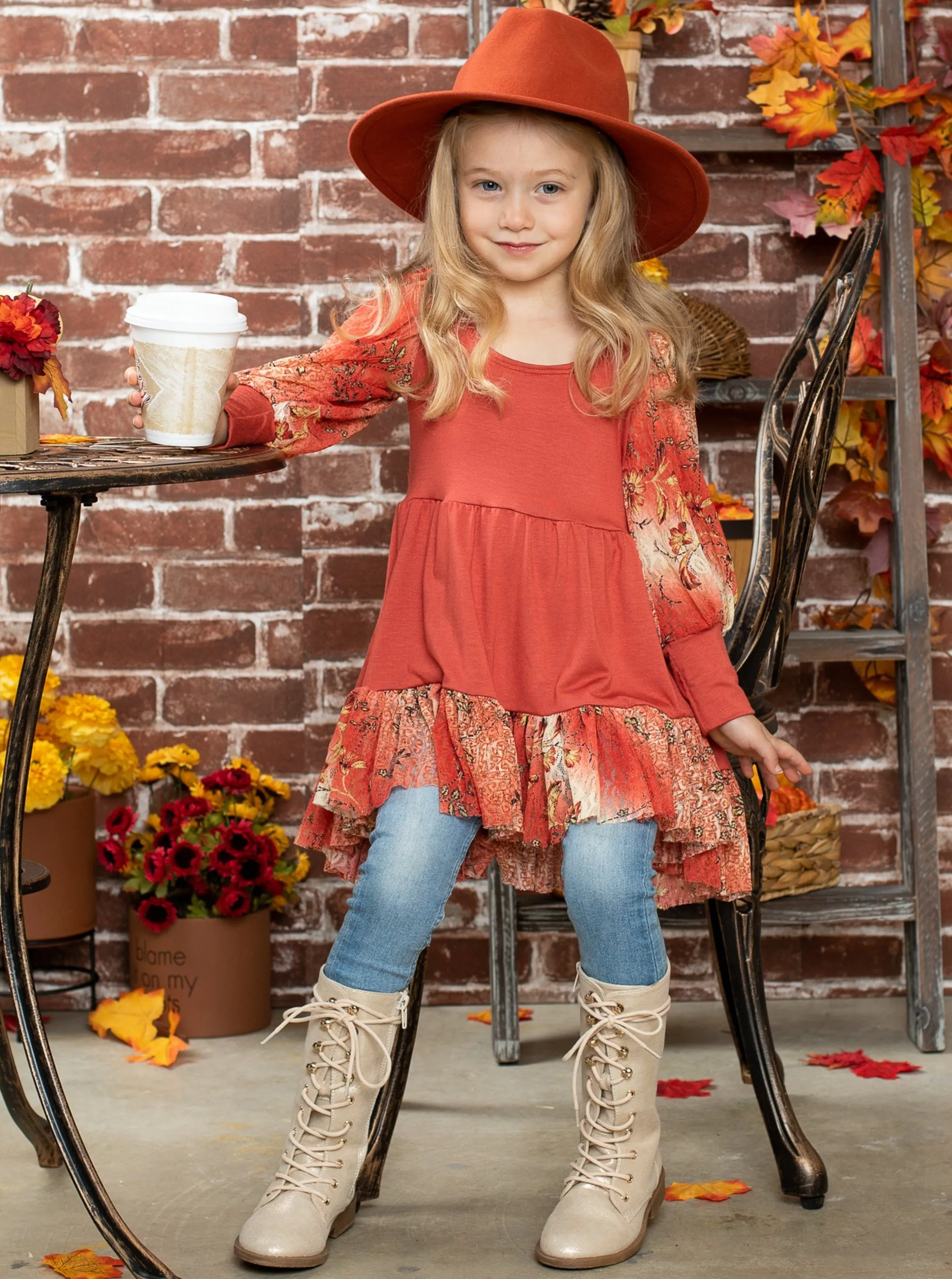 Girls La Dentelle Coral Hi Lo Lace Ruffled Tunic