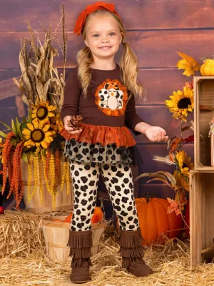 Girls Leopard Turkey Ruffled Peplum Tunic and Legging Set