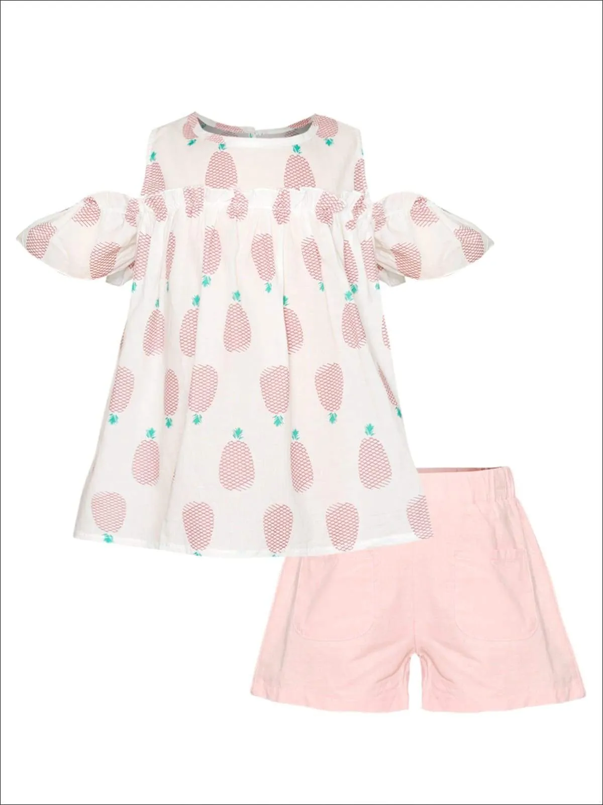 Girls Off Shoulder Pineapple Print Tunic And Short Set ( 2 Color Options)