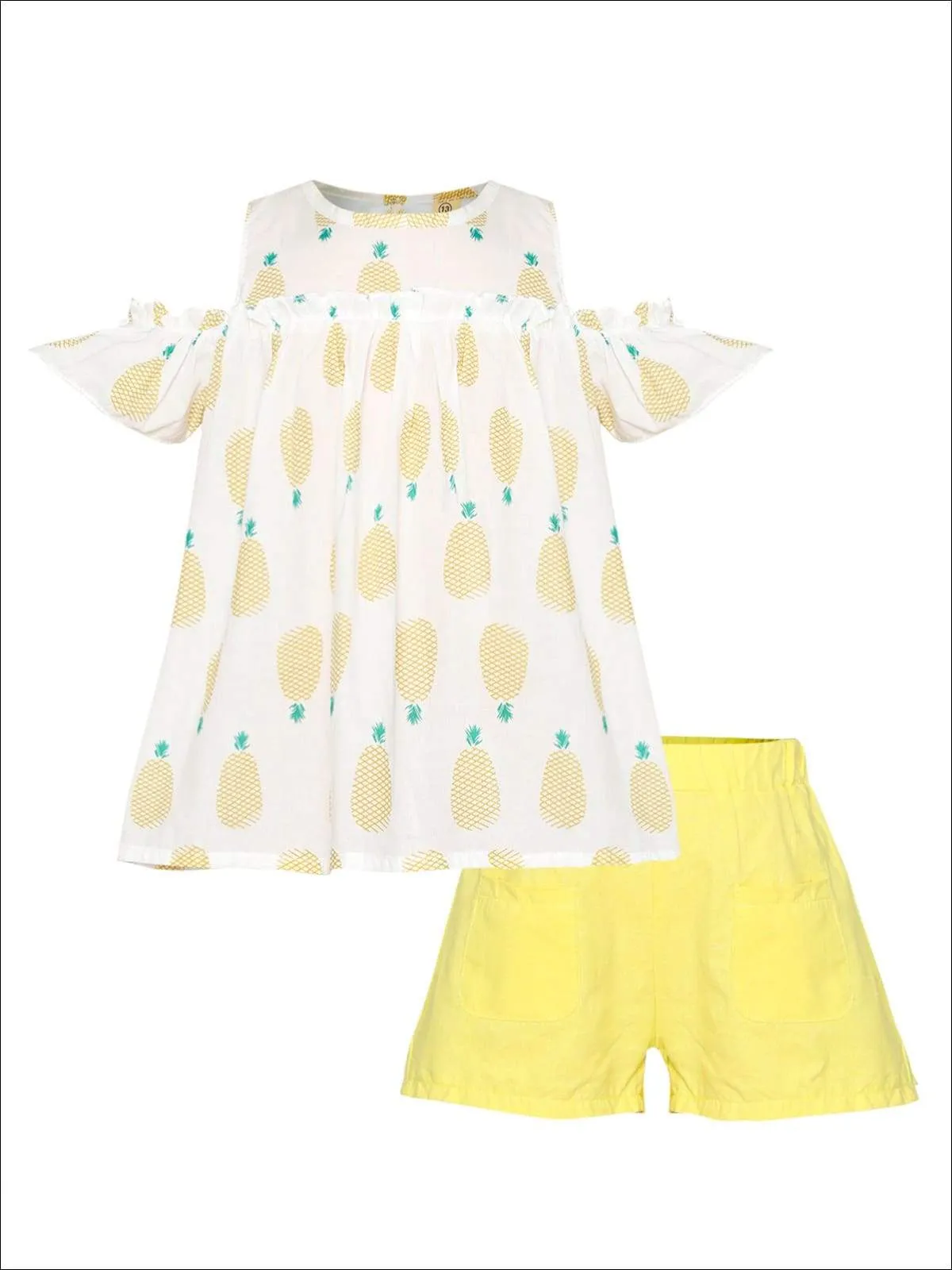 Girls Off Shoulder Pineapple Print Tunic And Short Set ( 2 Color Options)