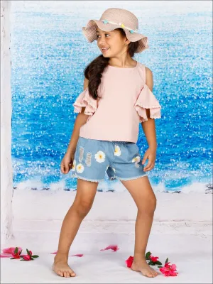 Girls Pink Cold Shoulder Ruffle Sleeve Tunic And Flower Short Set