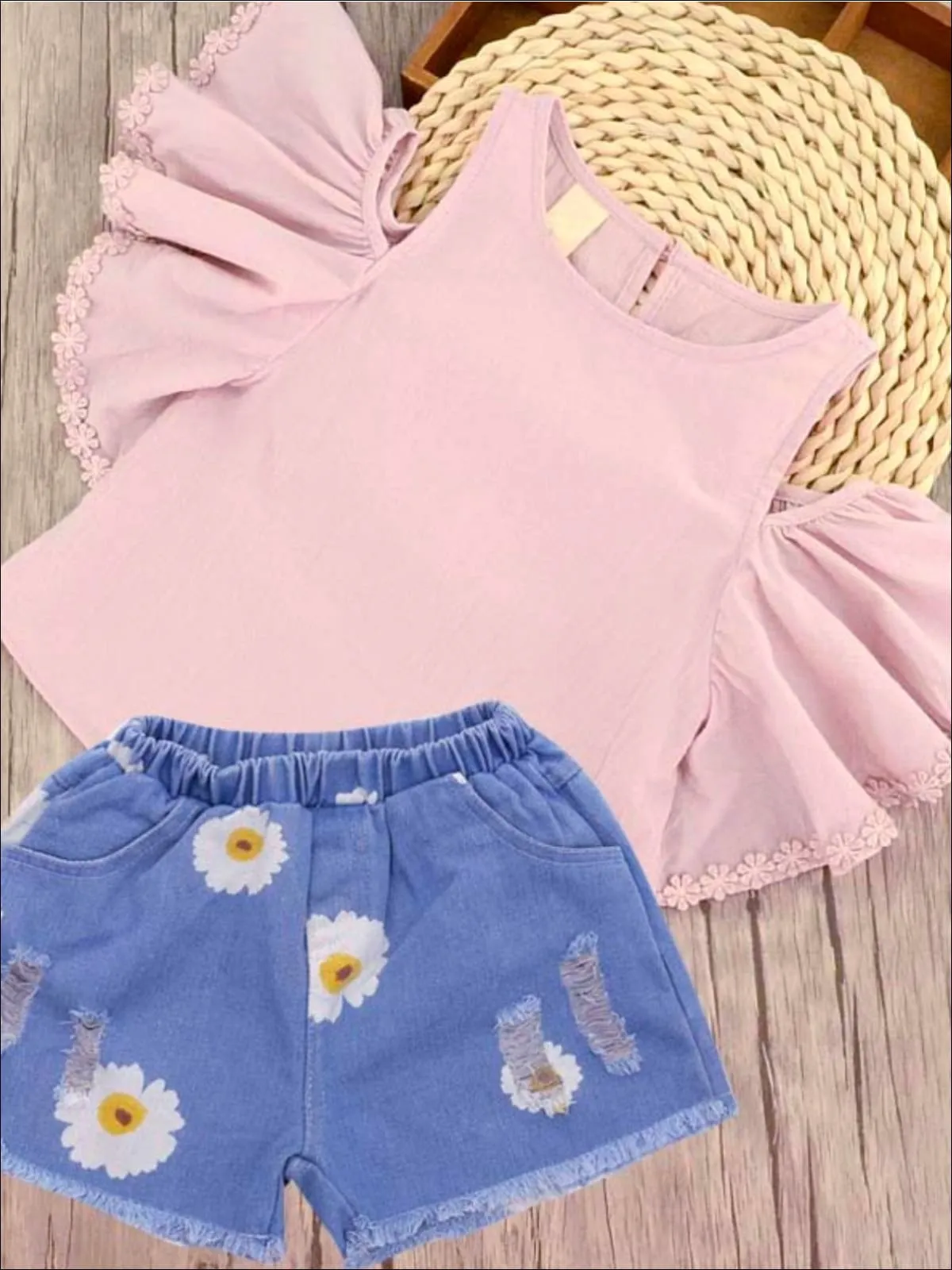 Girls Pink Cold Shoulder Ruffle Sleeve Tunic And Flower Short Set