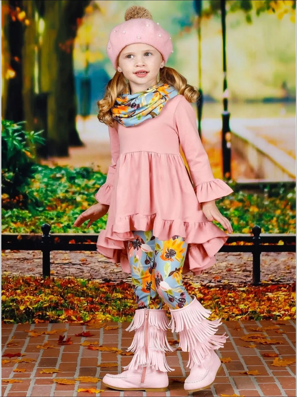 Girls Pink Ruffled 3/4 Sleeve Hi-Lo Tunic, Blue Floral Leggings And Scarf Set