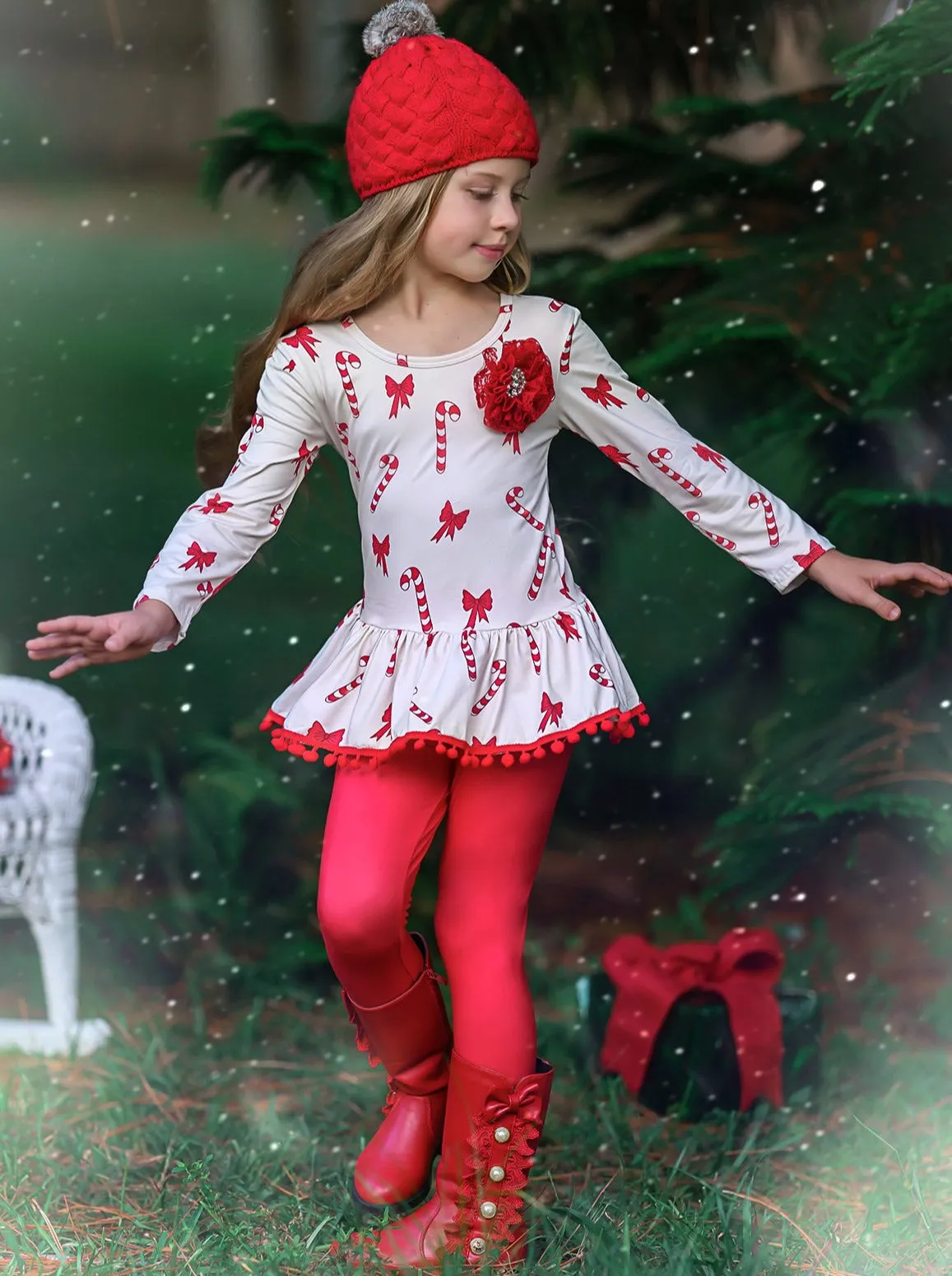 Girls Printed Long Sleeve Ruffled Pom Pom Hem Tunic And Red Legging Set