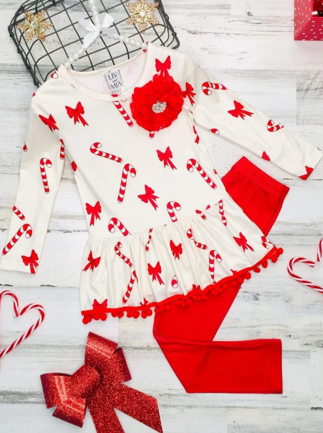 Girls Printed Long Sleeve Ruffled Pom Pom Hem Tunic And Red Legging Set