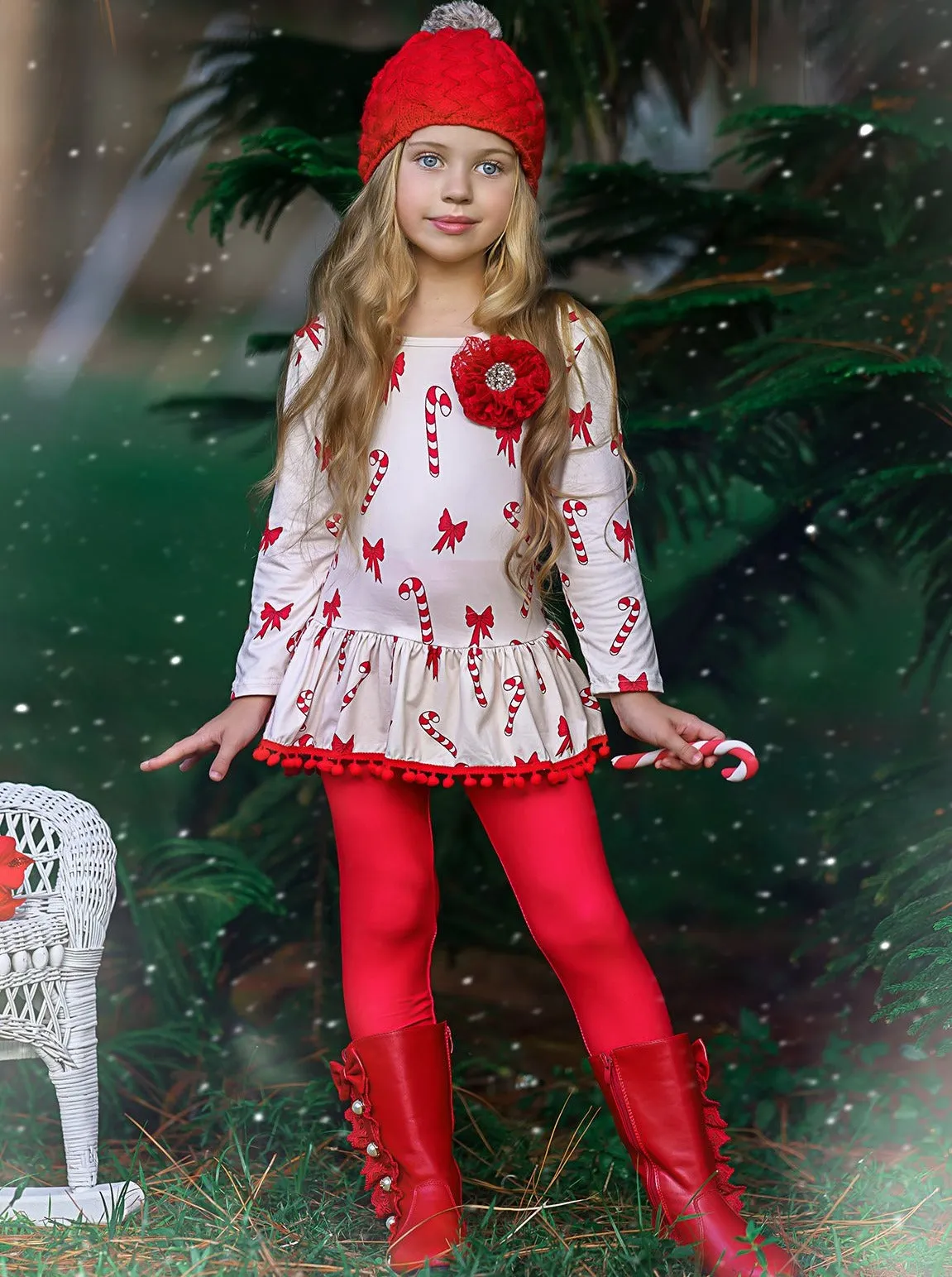 Girls Printed Long Sleeve Ruffled Pom Pom Hem Tunic And Red Legging Set