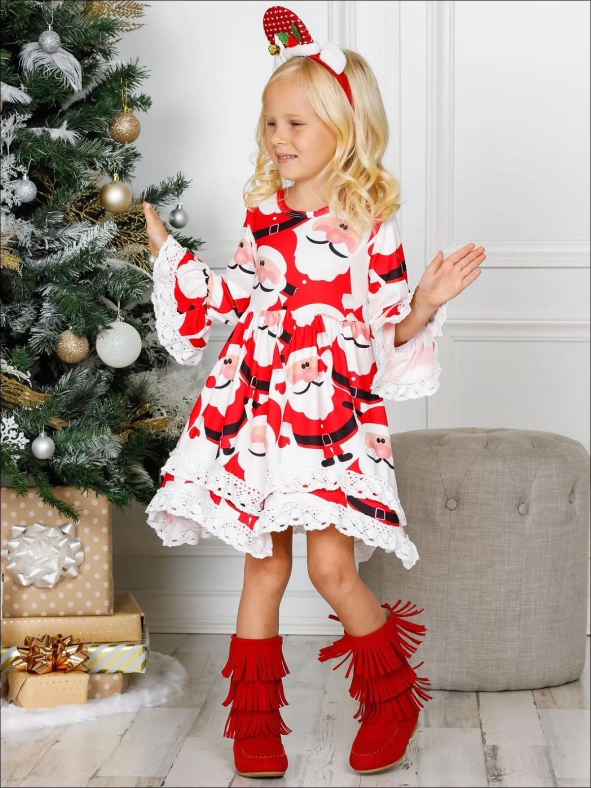 Girls Printed Ruffled Long Sleeve 2-Tiered Crochet Dress