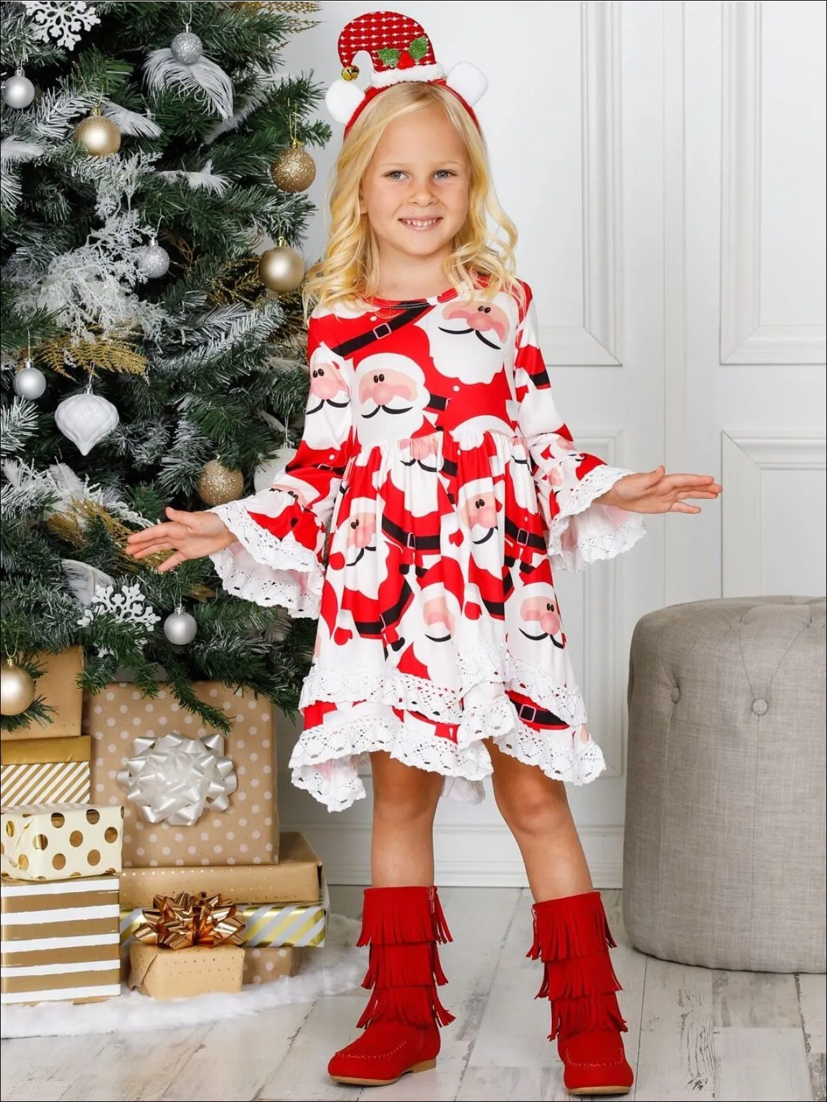 Girls Printed Ruffled Long Sleeve 2-Tiered Crochet Dress