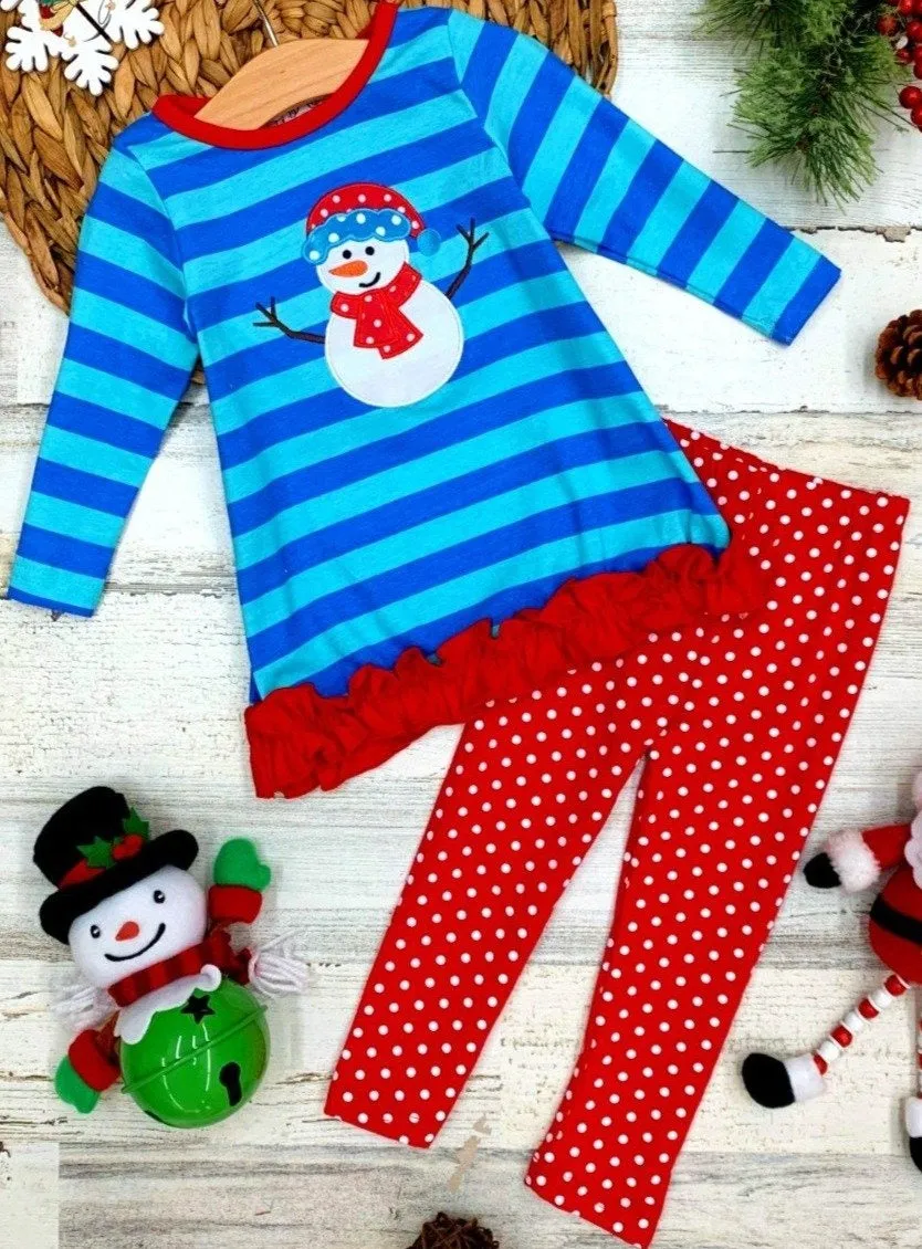 Girls Striped Long Sleeve Ruffled "Snowman" Applique Tunic And Polka Dot Legging Set