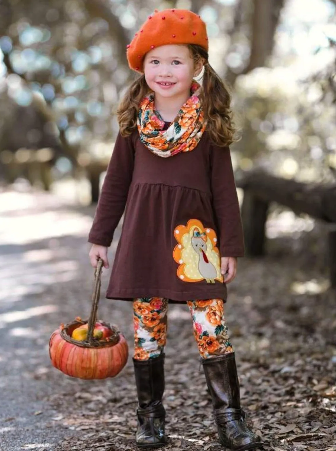 Girls Turkey Applique Floral Long Sleeve Tunic, Leggings and Scarf Set