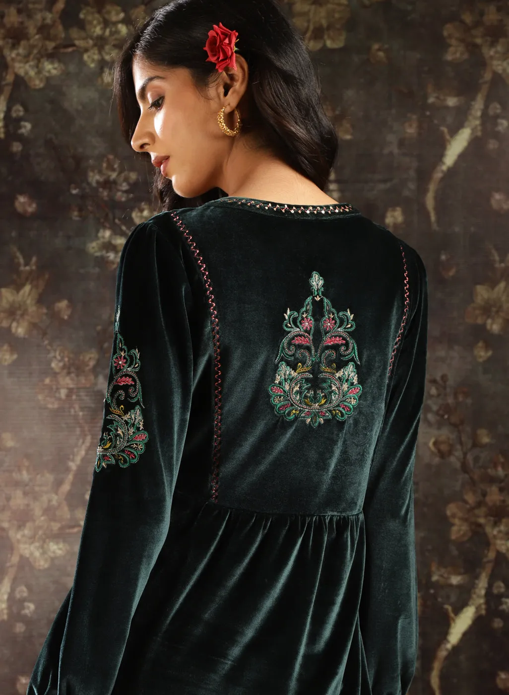 Green Velvet Tunic with Threadwork and Tassels